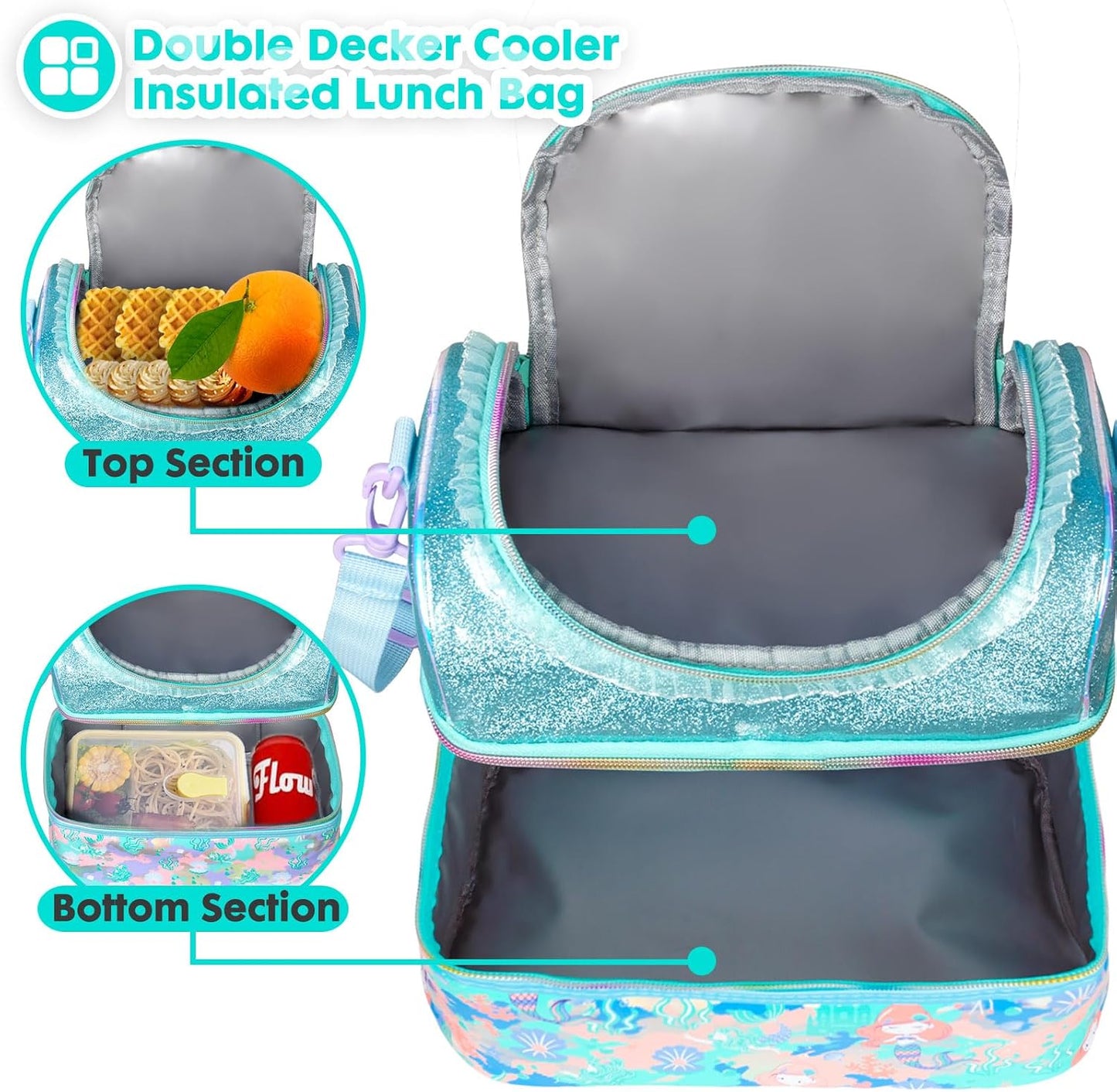 Kids Double Decker Cooler Insulated Lunch Bag, Back to School Large Meal Tote for Boys, Girls, Men, Women, with Adjustable Strap, Soccer