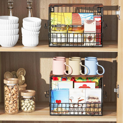 White Fruit Bowl Wire Basket Storage Pantry Fruit and Vegetable Storage Fruit Basket for Kitchen Counter Stackable Wall Mounted Hanging Basket Wire Basket with Wood Lid with Hanger Hooks