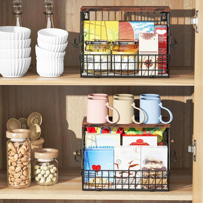 White Fruit Bowl Wire Basket Storage Pantry Fruit and Vegetable Storage Fruit Basket for Kitchen Counter Stackable Wall Mounted Hanging Basket Wire Basket with Wood Lid with Hanger Hooks