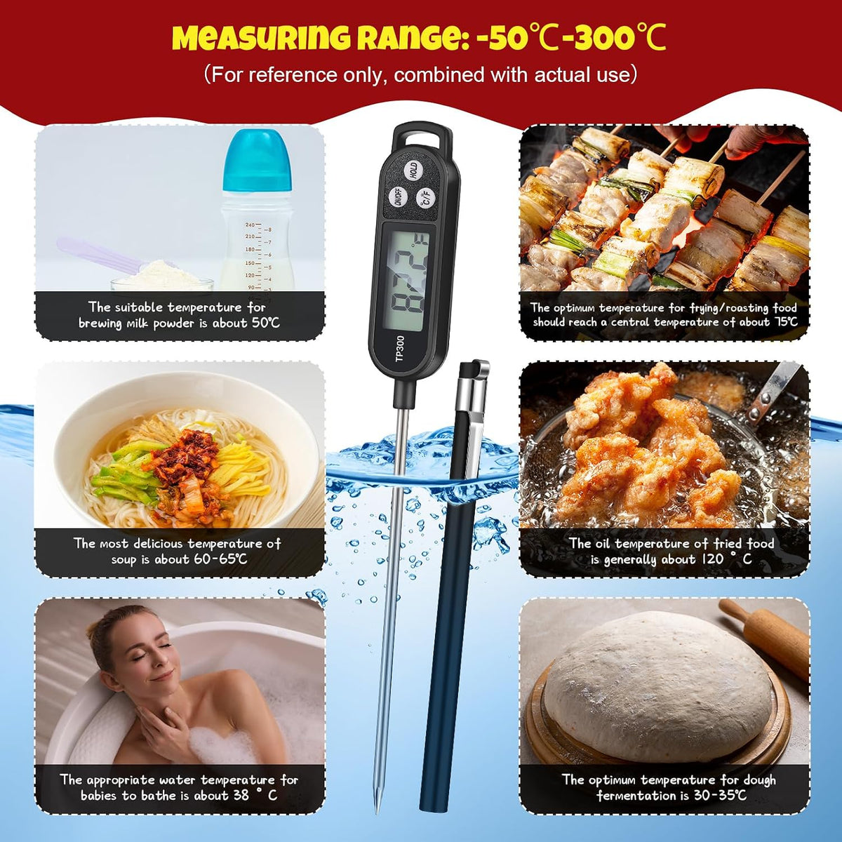 Copkim Instant Read Meat Thermometer Long Probe,Black, White, Red