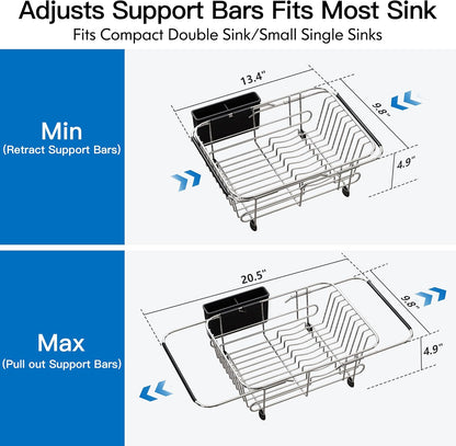 JASIWAY Dish Drying Rack in Sink, Expandable Stainless Steel Dish Drainers for Kitchen Counter, Dish Dryer Rack for Inside Sink, Over The Sink Dish Racks with Utensil Holder, Silver