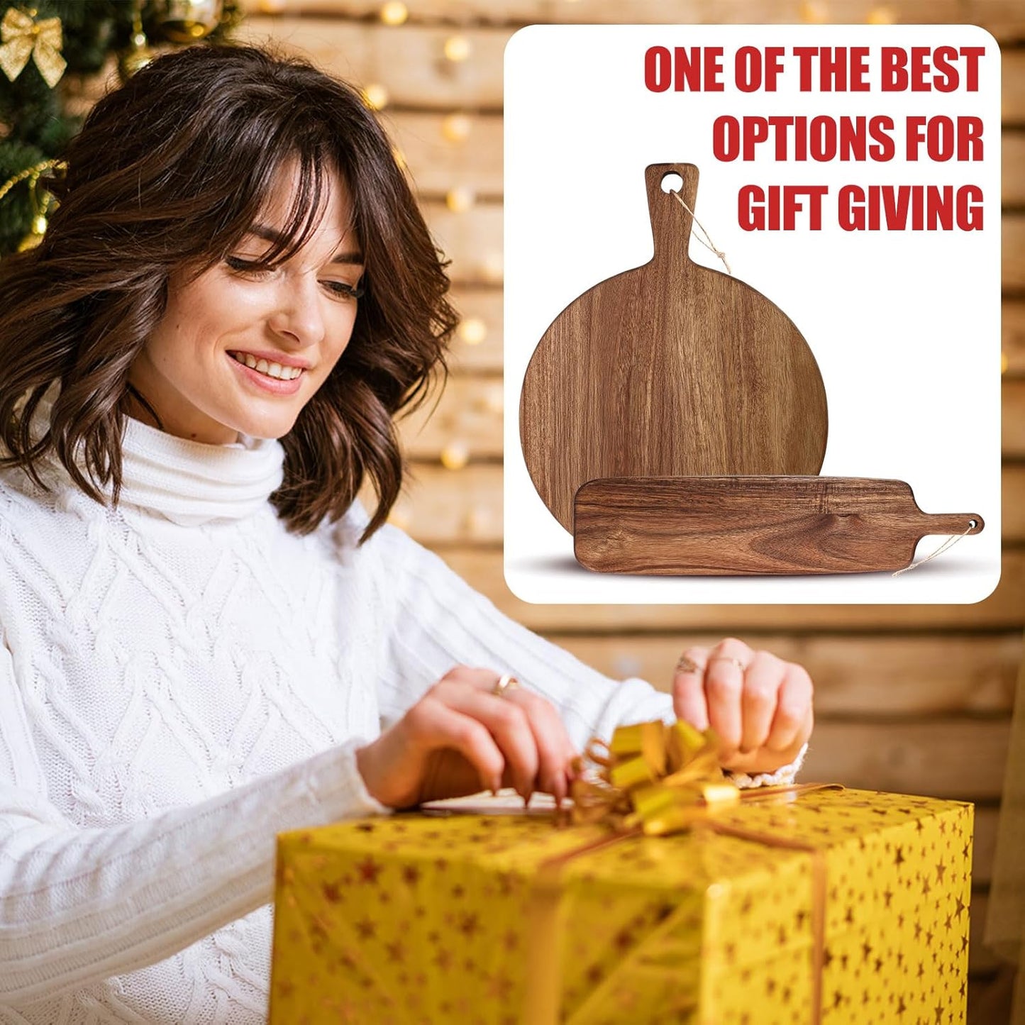 Hsei 2 Pcs Acacia Wood Cutting Board with Handle Wooden Charcuterie Board Large Paddle Carving Chopping Set Butter Serving Tray for Cheese Meat Fruit Pizza Bread(Vintage Style, 16x12, 17x13 Inch)