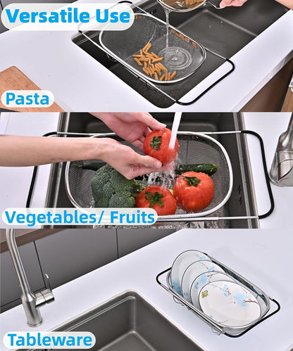 Over The Sink Colander, Stainless Steel Expandable Strainer Basket, Extendable Handles, Dishwasher Safe for Pasta Vegetables Fruits