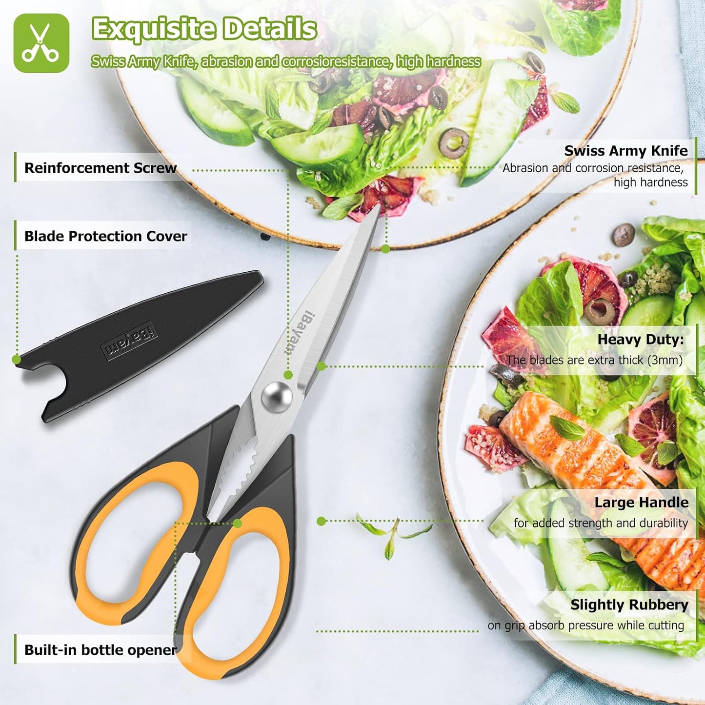 iBayam 2 Pack All Purpose Kitchen Shears Heavy Duty - Stainless Steel Kitchen Scissors With Protective Sheath, Soft Comfort-Grip Handle, Food & Meat Scissors, Home, Kitchen, Dining Utility Gadgets