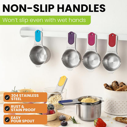 Spring Chef Stainless Steel Measuring Cups Set of 7 with Pour Spout - Nesting Kitchen Tools with Easy Read Markings to Measure Dry or Liquid Ingredients - Metal Measuring Cups for Baking & Cooking