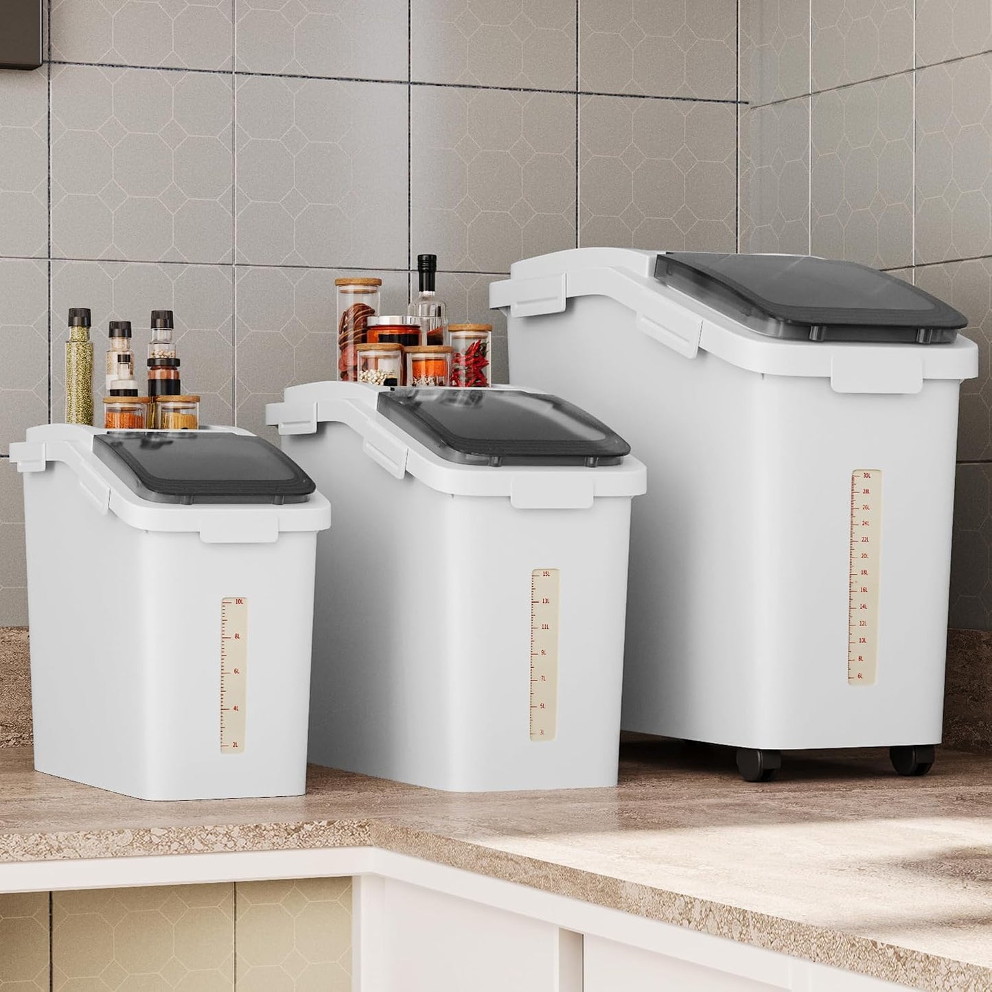 DWVO Large Ingredient Storage Bins, 11.4-Gallon Flour Rice Food storage Containers Bins with Wheels, Scoop and Airtight Lid for Dry Food, Flour, Cereal Grain, Sugar, Gray