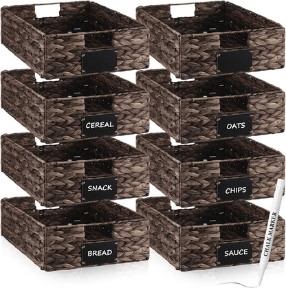 Nitial 8 Pcs Wicker Storage Basket, Rectangular Water Hyacinth Storage Basket for Shelving, Foldable Woven Pantry Organizer with Chalkboard Label and Chalk Marker (Natural,12 x 9 x 5 Inch)