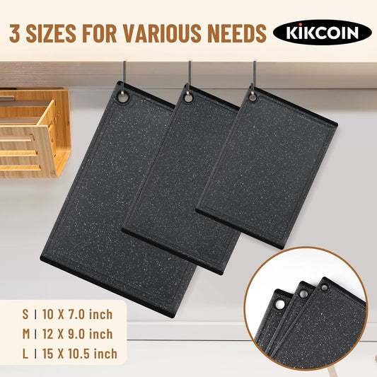 Kikcoin Plastic Cutting Boards for Kitchen, 3-Piece Large Cutting Board Set Dishwasher Safe Chopping Boards with Non-slip Feet and Juice Grooves, Gray