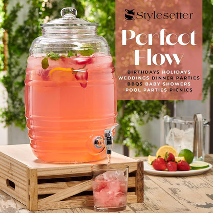 Style Setter Oak Grove Glass Beverage Dispenser with Stand - 2.5 Gallon Drink Dispenser with Galvanized Base & Leak-Proof Acrylic Spigot - Birthday, Wedding, Party Drink Dispenser with Stand