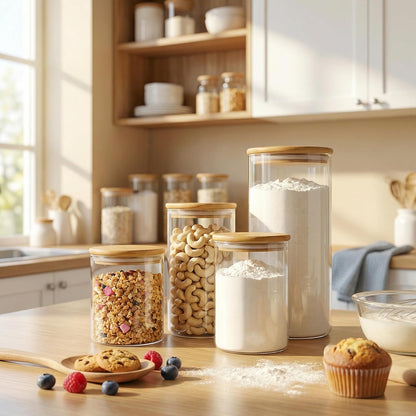 32oz - 4 Pack Glass Jars with Bamboo Lids, Glass Pantry Storage Containers with Airtight Lids, Round Air Tigh Food Storage Canisters for Cereal, Pasta, Flour, Sugar, Rice, Best for Kitchen Organizer