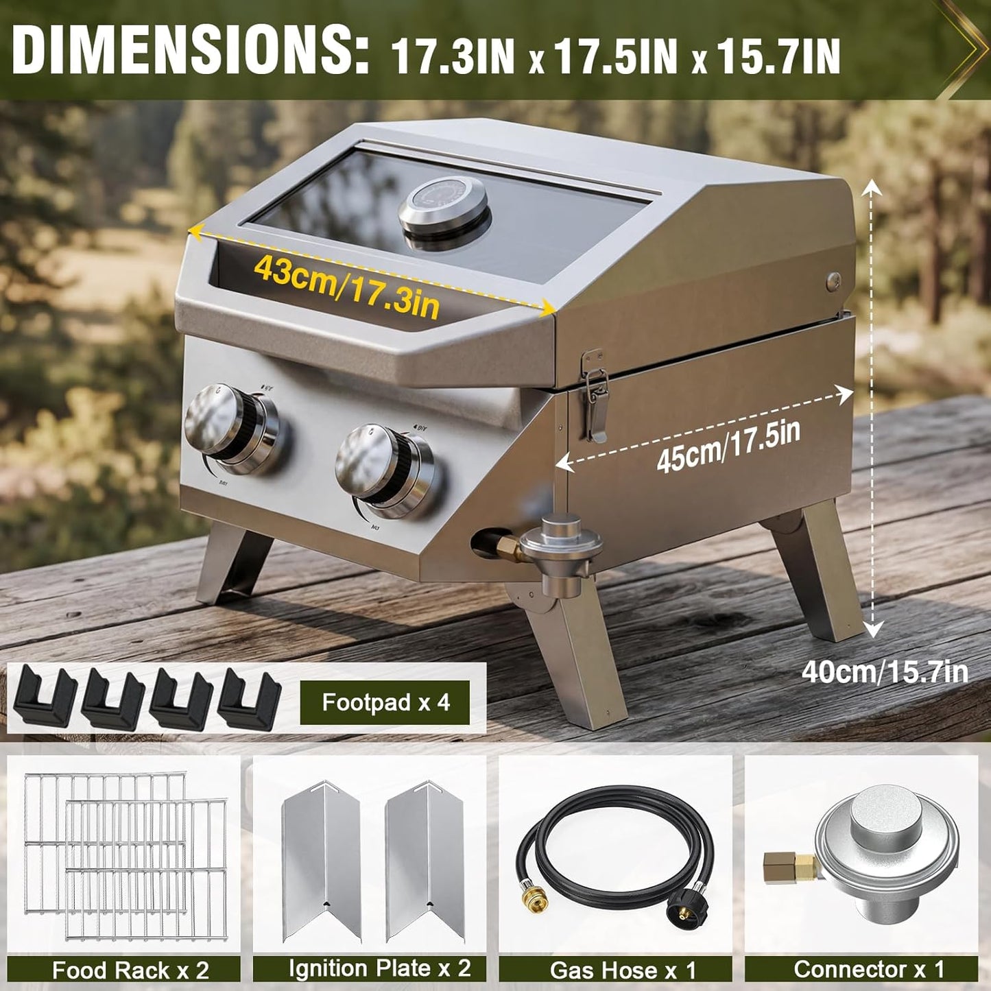 BESTFIRE 2-Burner Tabletop Propane Grill with Foldable Grill Cart, Portable Gas BBQ Station with Wheels & Prep Table, Dual-Fuel Setup for 1lb & 20lb Tanks, Stainless Steel Outdoor Kitchen for Camping