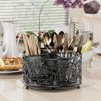 YIUKEA 360° Rotating Utensil Caddy - Silverware Cutlery Caddy Holder with 4 Compartment, Metal Flatware Organizer Countertop with Handle for Party Camping Picnic, Kitchen Counter, Office (Silver)