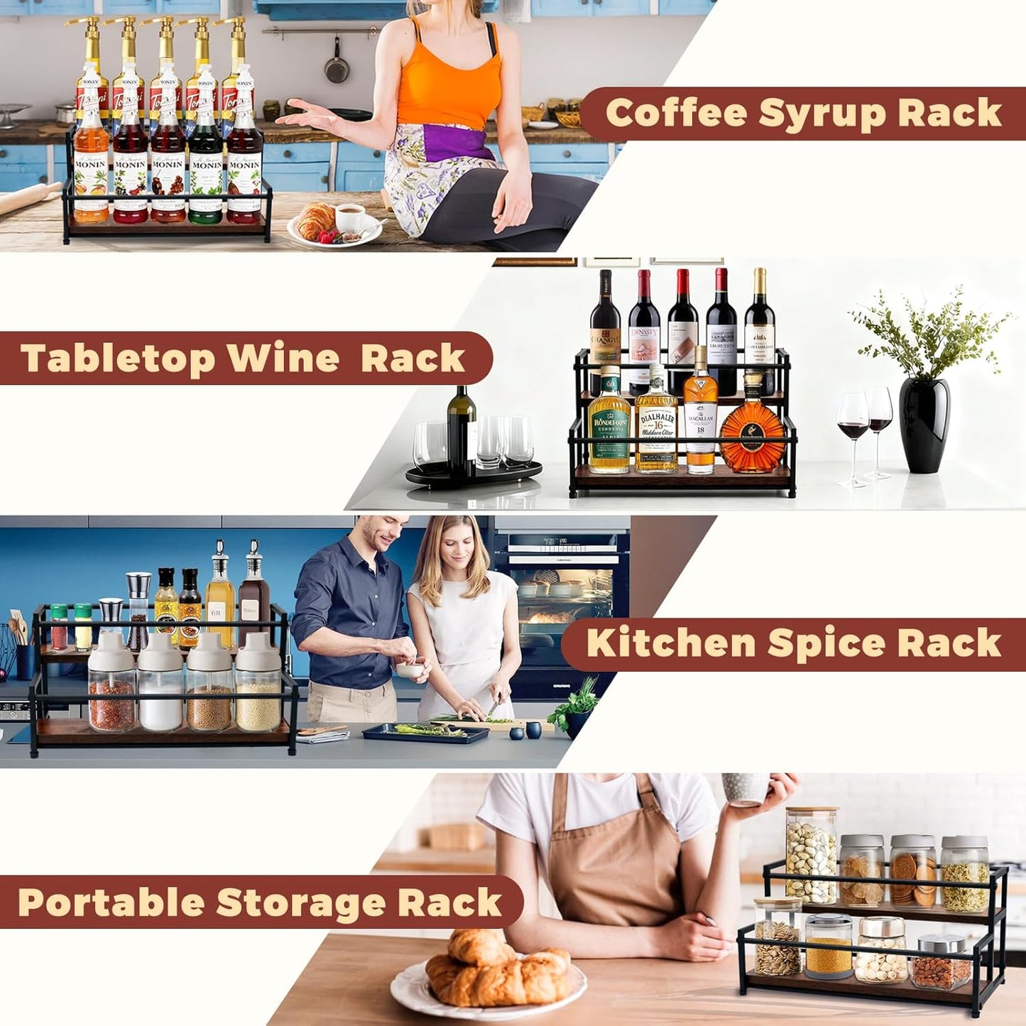 Countertop Liquor Bottle Organizer Shelf, 3-Tier | Rustic Display Rack, For Wine & Coffee Syrups, Freestanding Bar and Kitchen Storage, Easy-Carry Handles