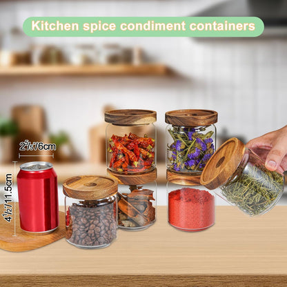 6 pc Glass Spice jars Glass Jars with Screw Lid 5 oz Acacia Wood Glass Herb Sugar Coffee Bean Ground Container Food Storage Canister for Candy Pantry Tea Seasoning Meal Prep Snack (6*150ml(5oz))