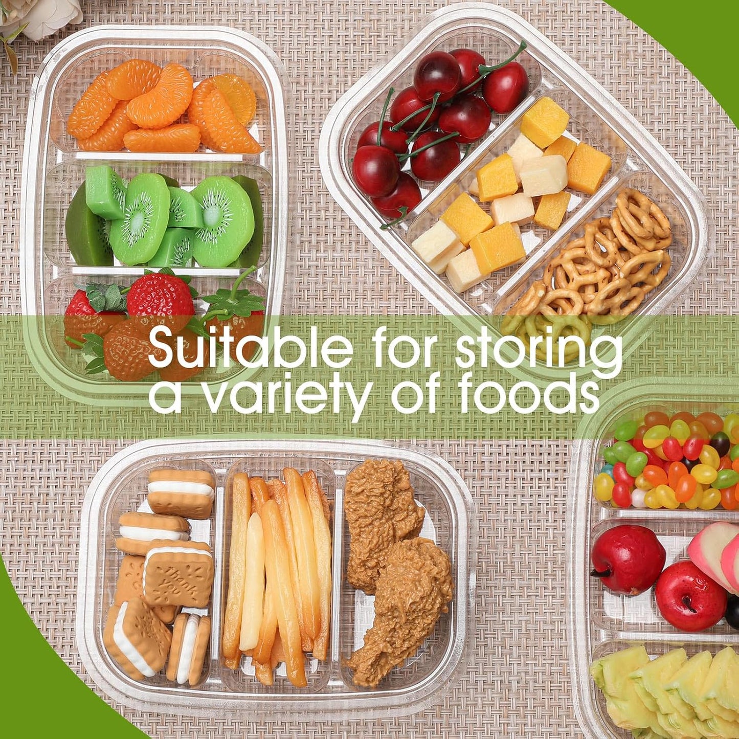 Chunful 36 Pcs 3 Compartment Transparent Snack Containers with Lids Disposable Bento Box Plastic Food Meal Prep Containers for Condiment Salad Dipping School Work Lunch