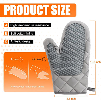 Silicone Oven Mitts, Heat Resistant 2PCS Oven Mitts with Soft Cotton Lining, Waterproof Non-Slip Grip Oven Glove, Kitchen Potholder Mits for BBQ, Baking, Cooking, 12.5 Inch - Grey