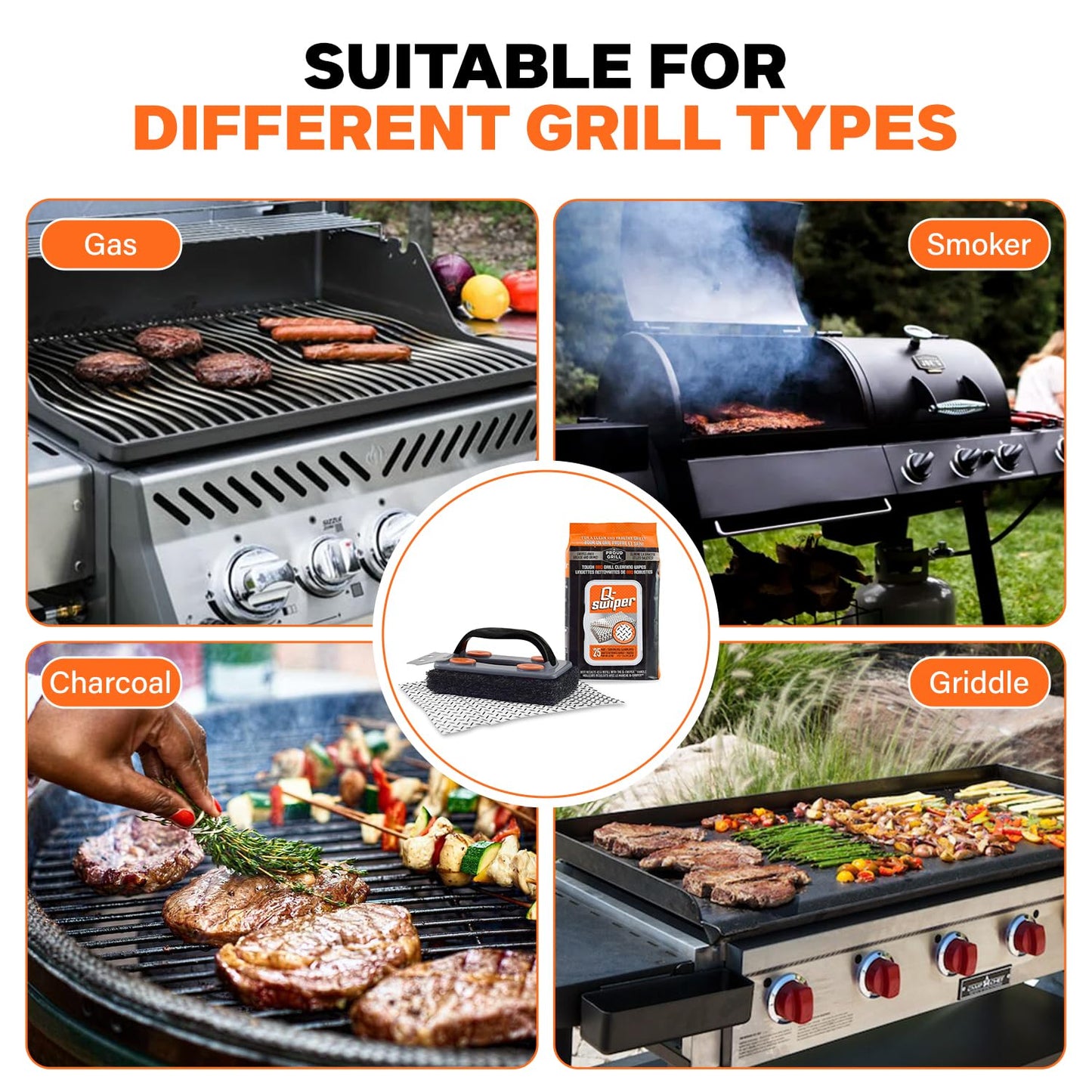 Proud Grill Q-Swiper BBQ Grill Cleaner Set - 1 Grill Brush with Scraper and 25 BBQ Grill Cleaning Wipes, Bristle-Free & Wire-Less, Safe Way to Remove Grease and Grime, Ideal Mens Birthday Gifts