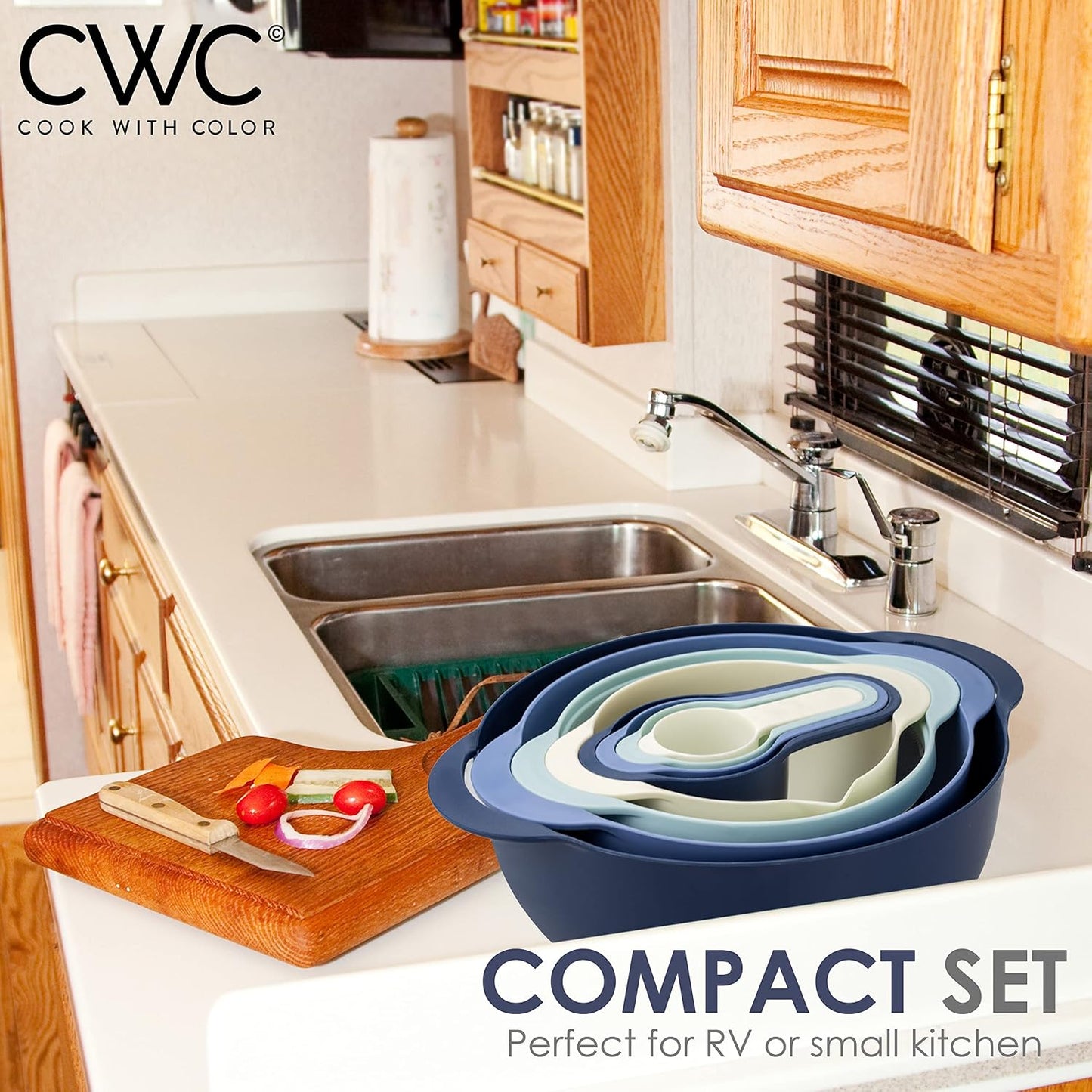 COOK WITH COLOR Nesting Bowls with Measuring Cups Colander and Sifter Set - Includes Mixing Bowls, Colander, Sifter and Measuring Cups, Navy, 8 Pc Bowl
