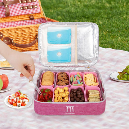 Snack Box Container with Insulated Cooler Bag, Divided Serving Tray with Lid and Handle Beach Essentials, Snackle Box Veggie Fruit Tray with 8 Compartments & 8 Forks & 2 Spoon