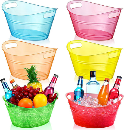 meekoo 6 Pcs Plastic Ice Buckets Bulk with Handles 4.5L Oval Storage Tub Large Capacity Ice Drink Bucket for Party Bar Wine Beer Champagne Beverage Bottle Cooler (4.5 L,Orange)