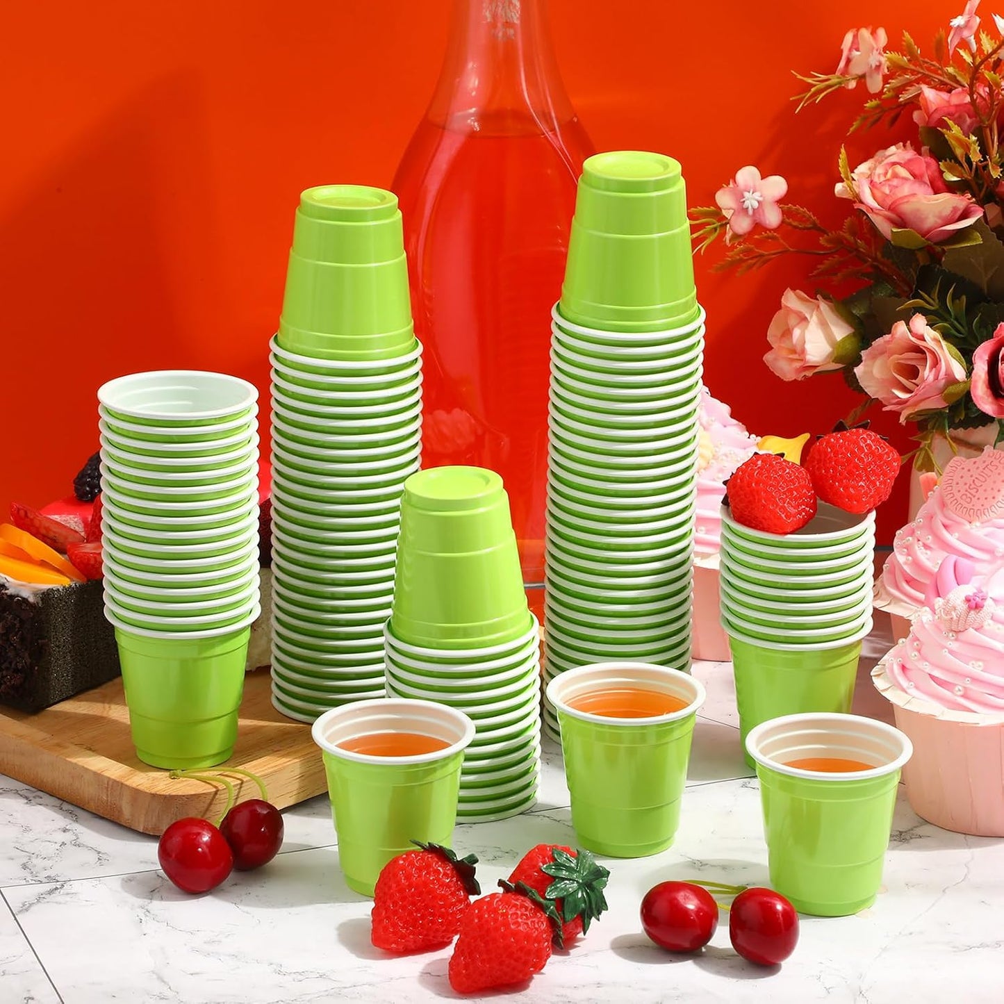 Roshtia 100 Pack 2 oz Plastic Shot Cups, Mini Disposable Shot Glasses 2 oz Wedding Party Cups for Bridal Shower Wedding Party, Beer Taste Serving, Snacks(Black, Gold)