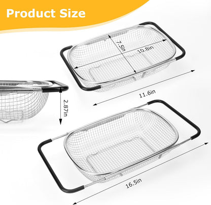 ZDRongZhen Kitchen Accessories Over the Sink Colander Strainer Basket，Stainless Steel Colander with Expandable Rubber Grip Sink Drainer-Rinse Vegetables Fruits &Strain&Drain (Large-Fine mesh)