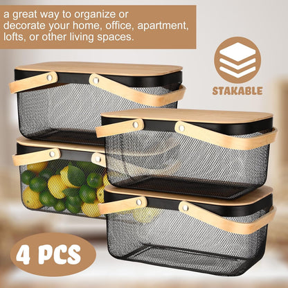 Jingmore 4 Pcs Metal Mesh Baskets with Lid, Stackable for Storage, Prevents Fruit Flies for Vegetable Fruit Kitchen Cabinet Picking Gathering Pantry Harvest Garden(16 Inch,Black)