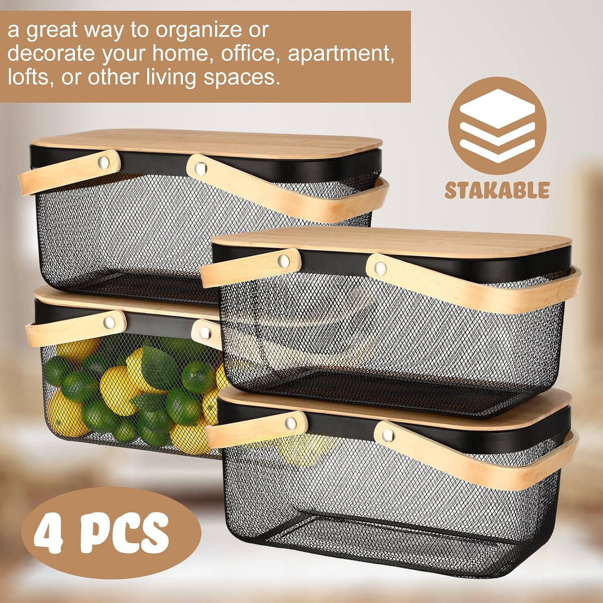 Jingmore 4 Pcs Metal Mesh Baskets with Lid, Stackable for Storage, Prevents Fruit Flies for Vegetable Fruit Kitchen Cabinet Picking Gathering Pantry Harvest Garden(16 Inch,Black)