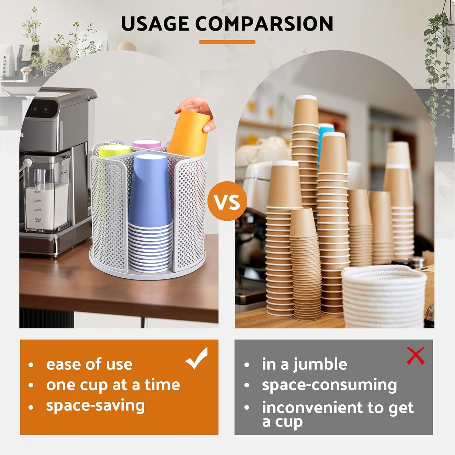 Rotating Paper Cup Dispenser with 4 Compartments, Disposable Coffee Cup Storage & Lid Holder for Countertops, Kitchen, Coffee Stations (White)