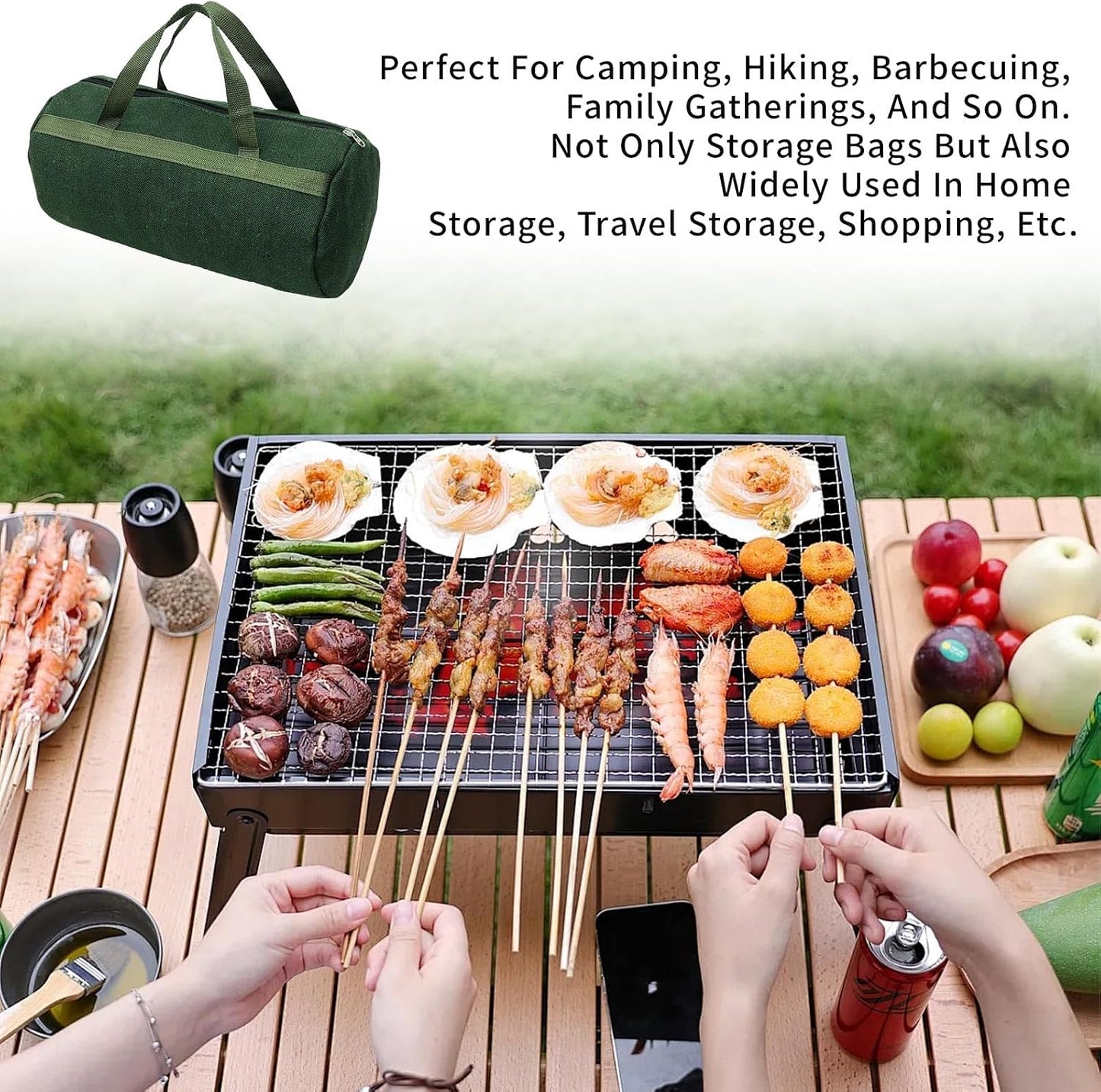 Grill Accessory Storage Bag, 24"" Extra Thick Canvas Grill Utensil Storage Bag, Double Zipper Grill Tool Storage Bag, BBQ Tool Storage Bag Carry Bag for Camping Hiking Barbecue, Dark Green