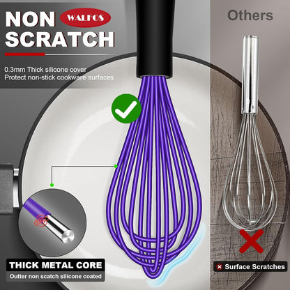 Walfos Silicone Whisk,Stainless Steel Wire Whisk -Heat Resistant 480°F Kitchen Whisks for Non-stick Cookware,Balloon Egg Beater Perfect for Blending,Whisking,Beating,Frothing & Stirring,Black