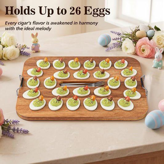 Deviled Egg Containers with Lid, Acacia Wood Deviled Egg Platter Tray for 26 Eggs, Fold-Down Clear BPA-Free Cover Stores Flat, Portable Handle, Secure Latch, 4 Stainless Steel Forks (Black)