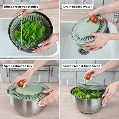 Large Stainless Steel Salad Spinner 5.3QT, Lettuce Dryer, Vegetable Washer with Brake Button, Non-Slip Base, Salad Dryer for Greens, Fruits & Vegetables