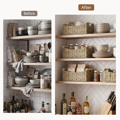 StorageWorks Wicker Baskets for Organizing, Water Hyacinth Storage Baskets with Handles, Woven Baskets for Pantry Storage, 13" x 8¼" x 7", 2-Pack