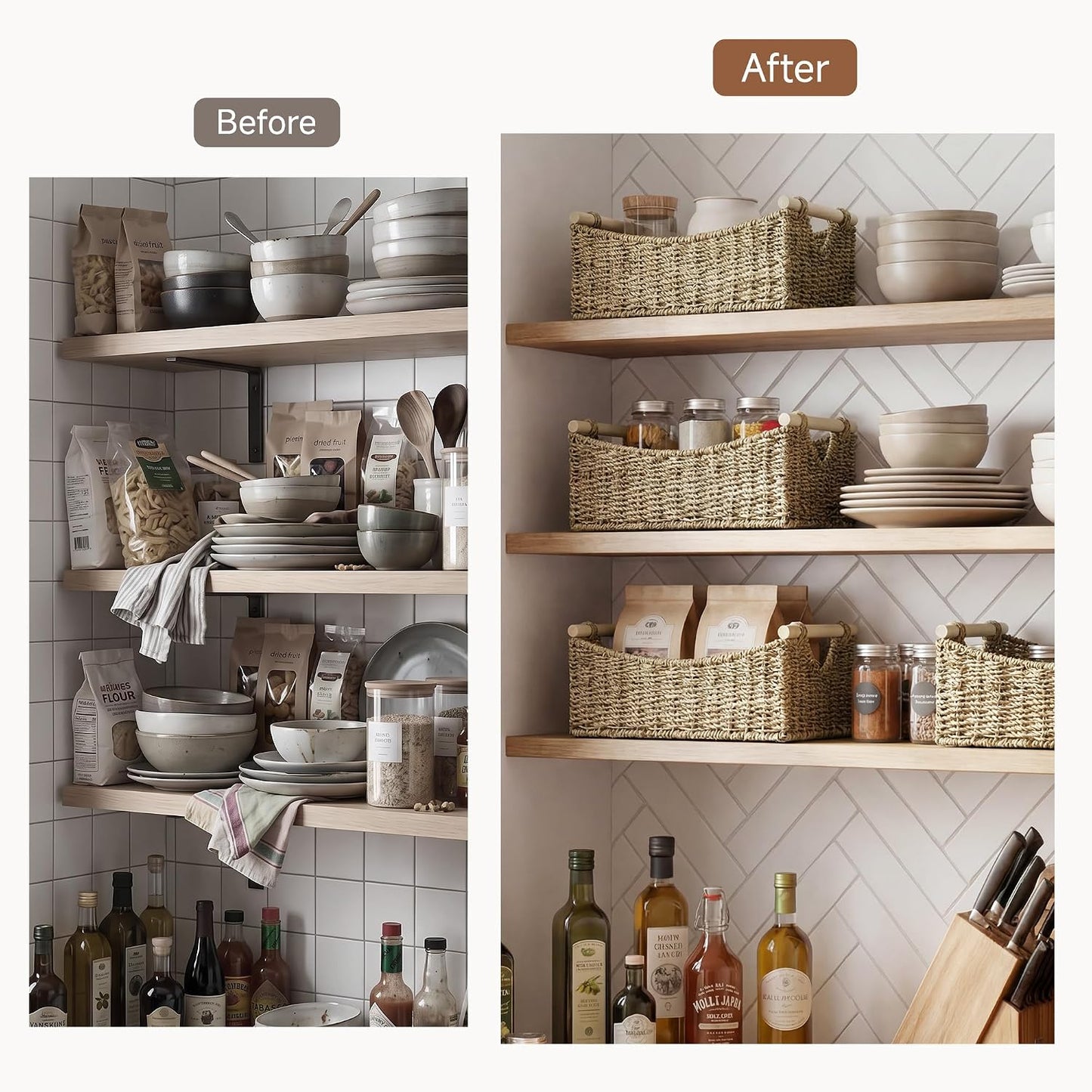 StorageWorks Wicker Baskets for Organizing, Water Hyacinth Storage Baskets with Handles, Woven Baskets for Pantry Storage, 13" x 8¼" x 7", 2-Pack