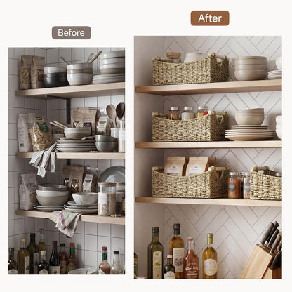 StorageWorks Wicker Baskets for Organizing, Water Hyacinth Storage Baskets with Handles, Woven Baskets for Pantry Storage, 13" x 8¼" x 7", 2-Pack