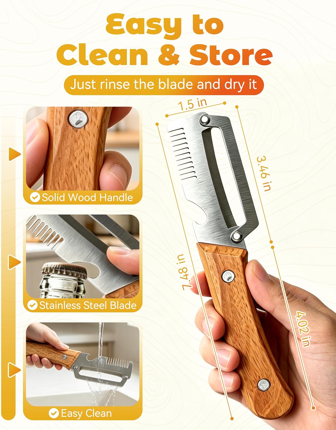 Shredder - 3-in-1 Multifunctional Vegetable Peeler with Bottle Opener & Julienne Shredder, Wide Stainless Steel Blade and Non-slip Wooden Handle, Peeler Knife for Fruits, Vegetables (1pcs)