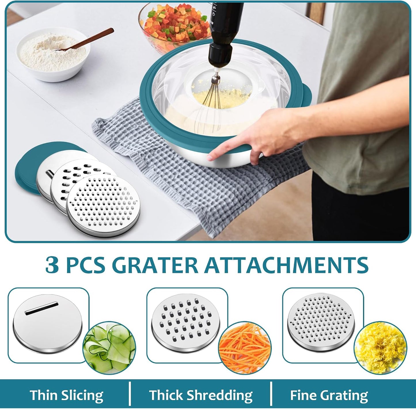 E-far Colander with Mixing Bowl Set, 4-1 Stainless Steel Colander Strainers Bowl with Graters for Kitchen, Rotatable Food Strainer Bowl for Rinsing Fruits Vegetables/Draining Pasta - Black