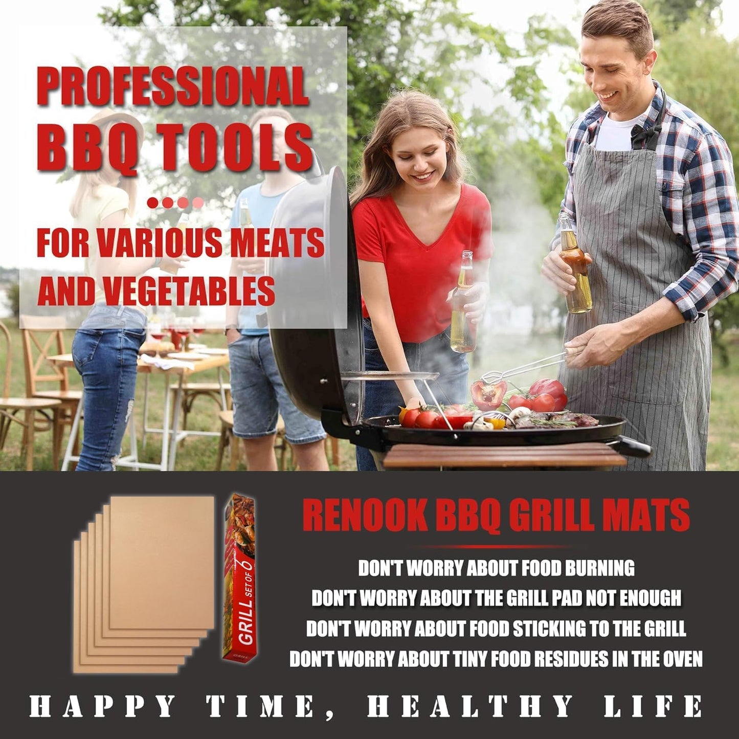 Grill Mat Set of 6-100% Non-Stick Reusable Mats for Gas, Charcoal or Electric Grills - Easy to Clean - 15.75 x 13-Inch, Black