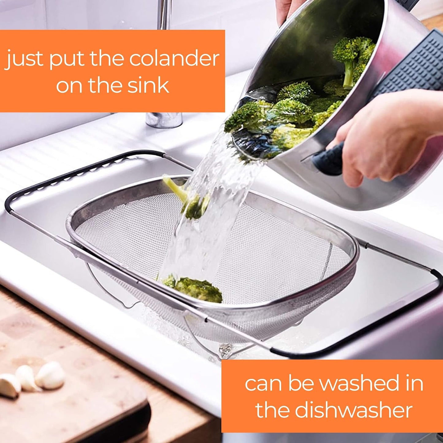 Expandable Strainer Over The Sink Colander - Premium 6 Quart Oval Fine Mesh Stainless Steel Colander Over the Sink with Rubber Grip Handles - Large Sink Strainer Basket for Kitchen Sink