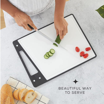 JoyJolt Plastic Cutting Board Set. White and Black Cutting Boards for Kitchen Dishwasher Safe with Handle. Non Slip Large and Small Chopping Board Set; Meat Cutting Board with Juice Groove.
