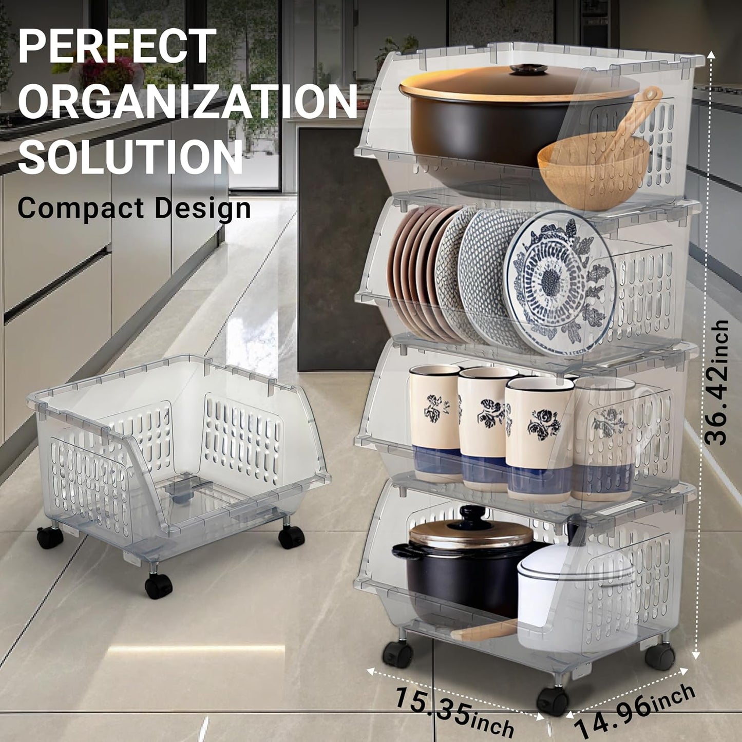 Large Stackable Storage Bins Open Front with Wheels, 4 Pack - Clear | Easy Assembly, Sturdy Plastic, Open Front Access, Smooth Rolling Wheels, Stackable, Large Capacity Storage