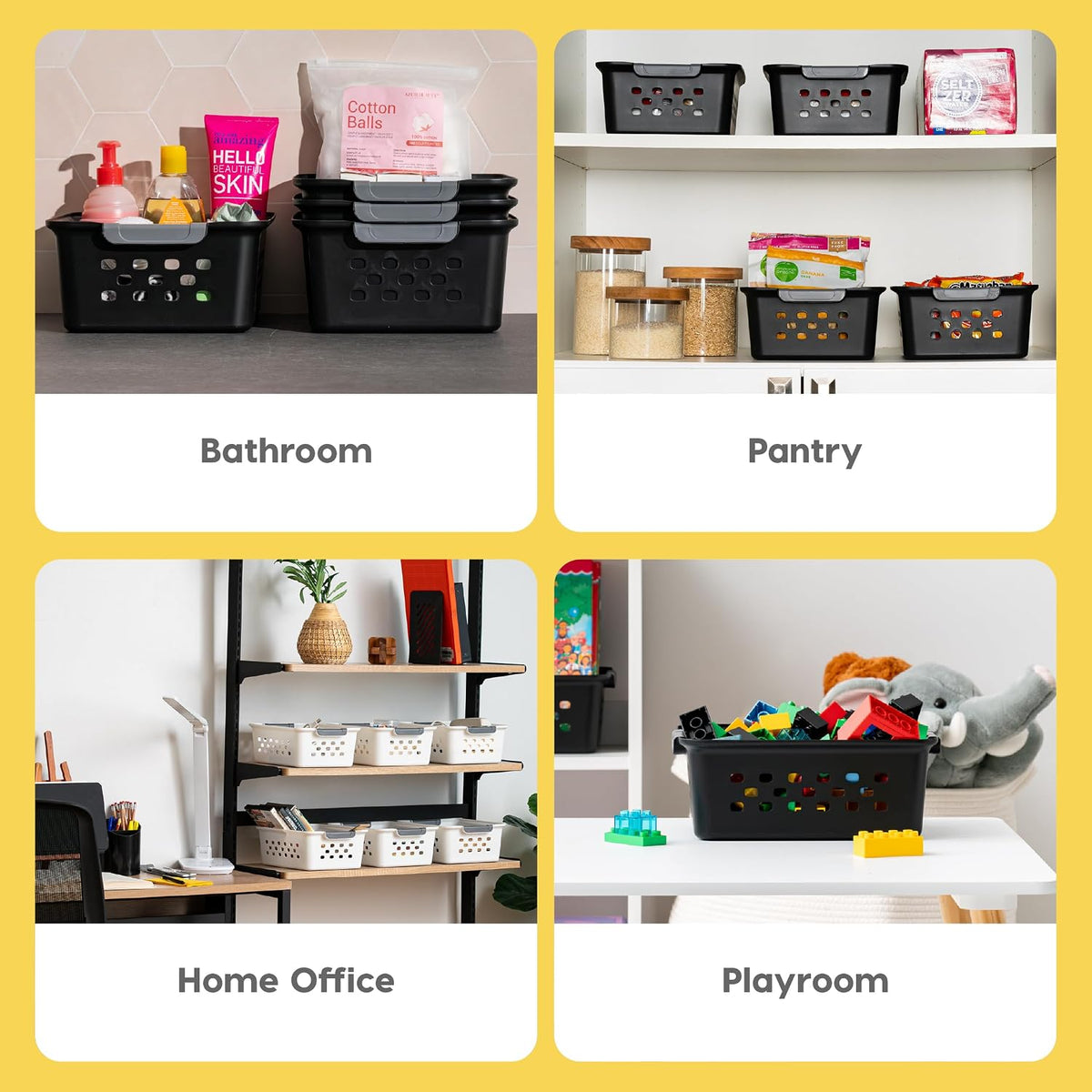 IRIS USA Plastic Storage Baskets, 6-Pack, Made in USA, Shelf Baskets Small Baskets Organizing Bins for Pantry Countertops Closet Shelves Laundry Room Office, Multi-Purpose, Nestable, Easy Carry, Black