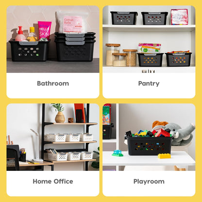 IRIS USA Plastic Storage Baskets, 6-Pack, Made in USA, Shelf Baskets Small Baskets Organizing Bins for Pantry Countertops Closet Shelves Laundry Room Office, Multi-Purpose, Nestable, Easy Carry, Black