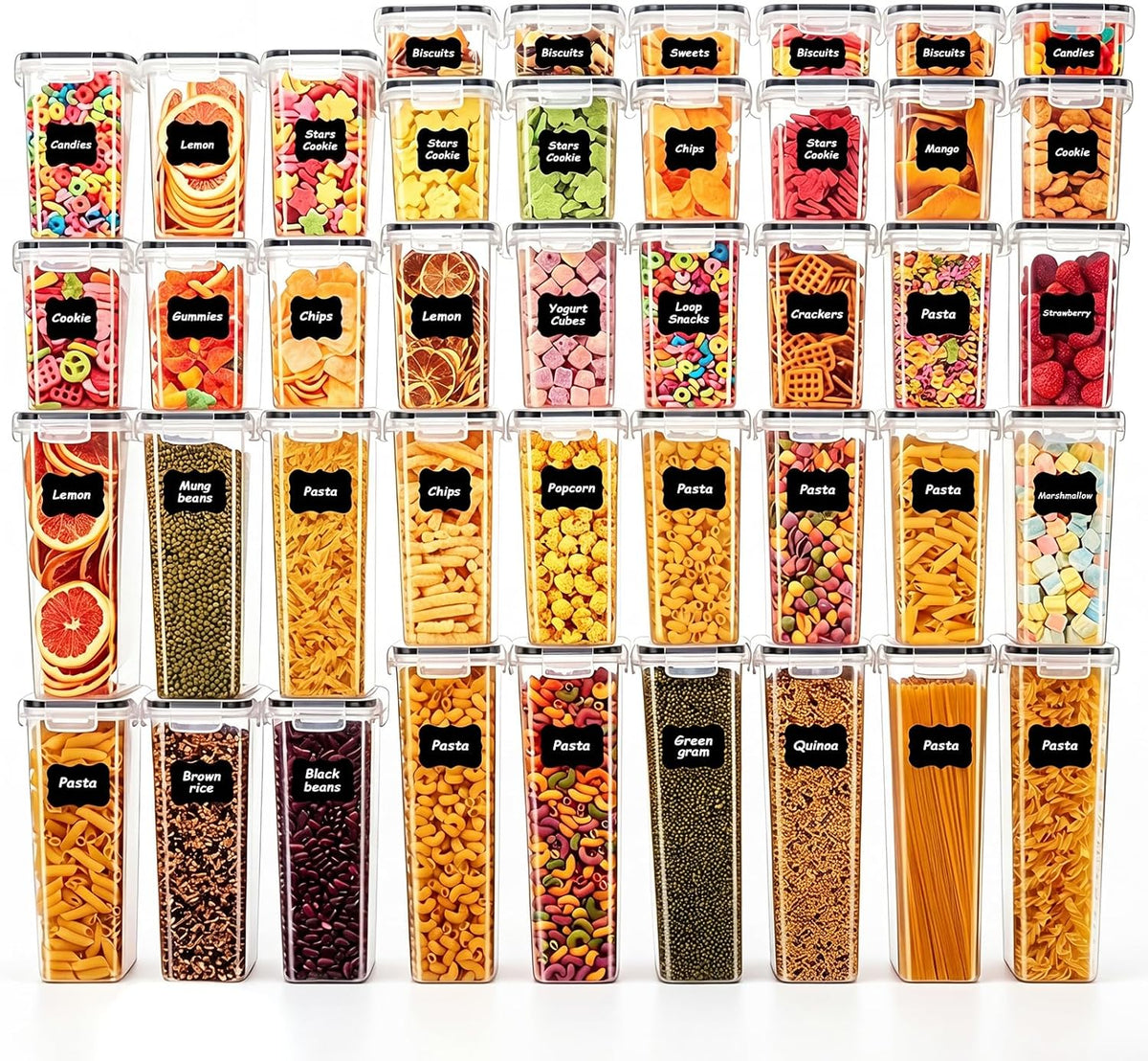 24 PCS Airtight Food Storage Containers with Lids, BPA Free Clear Plastic Kitchen and Pantry Organization and Storage Set for Flour, Sugar, Cereal, Pasta, Includes 24 Labels and Marker