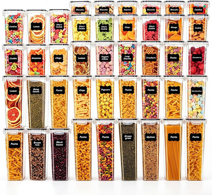 24 PCS Airtight Food Storage Containers with Lids, BPA Free Clear Plastic Kitchen and Pantry Organization and Storage Set for Flour, Sugar, Cereal, Pasta, Includes 24 Labels and Marker