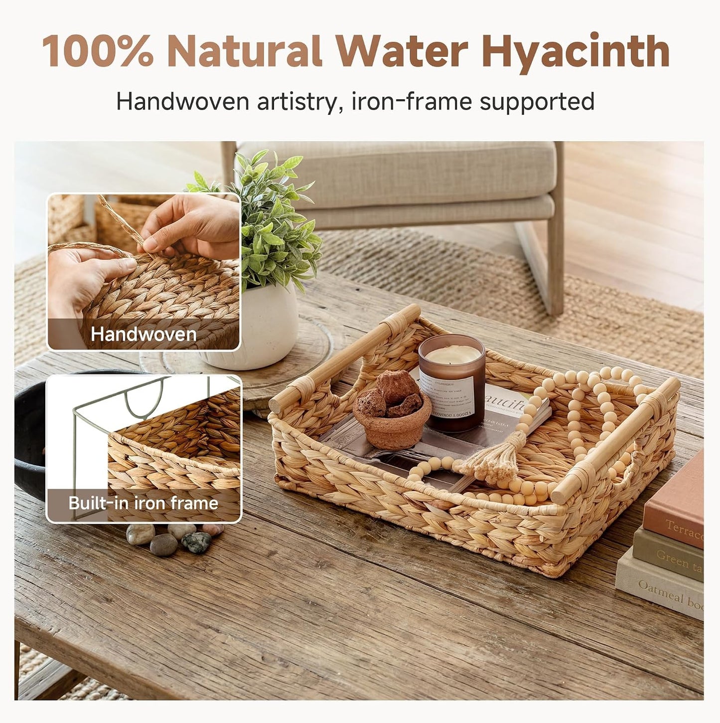 StorageWorks Wicker Baskets for Organizing, Water Hyacinth Storage Baskets with Handles, Woven Baskets for Pantry Storage, 13" x 8¼" x 7", 2-Pack
