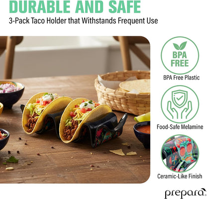 Prepara Taco Holder, Day of the Dead Design - Decorative Soft/Hard Shell Stand, Durable Melamine Food Organizer for Día de los Muertos, Festive Serveware for Taco Nights & Restaurant Use (3-Pack)