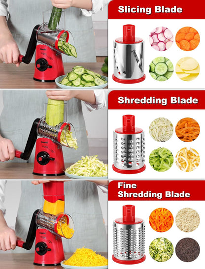 Geedel Rotary Cheese Grater, Kitchen Mandoline Vegetable Slicer with 3 Interchangeable Blades, Easy to Clean Rotary Grater Slicer for Cheese, Vegetables, Nuts