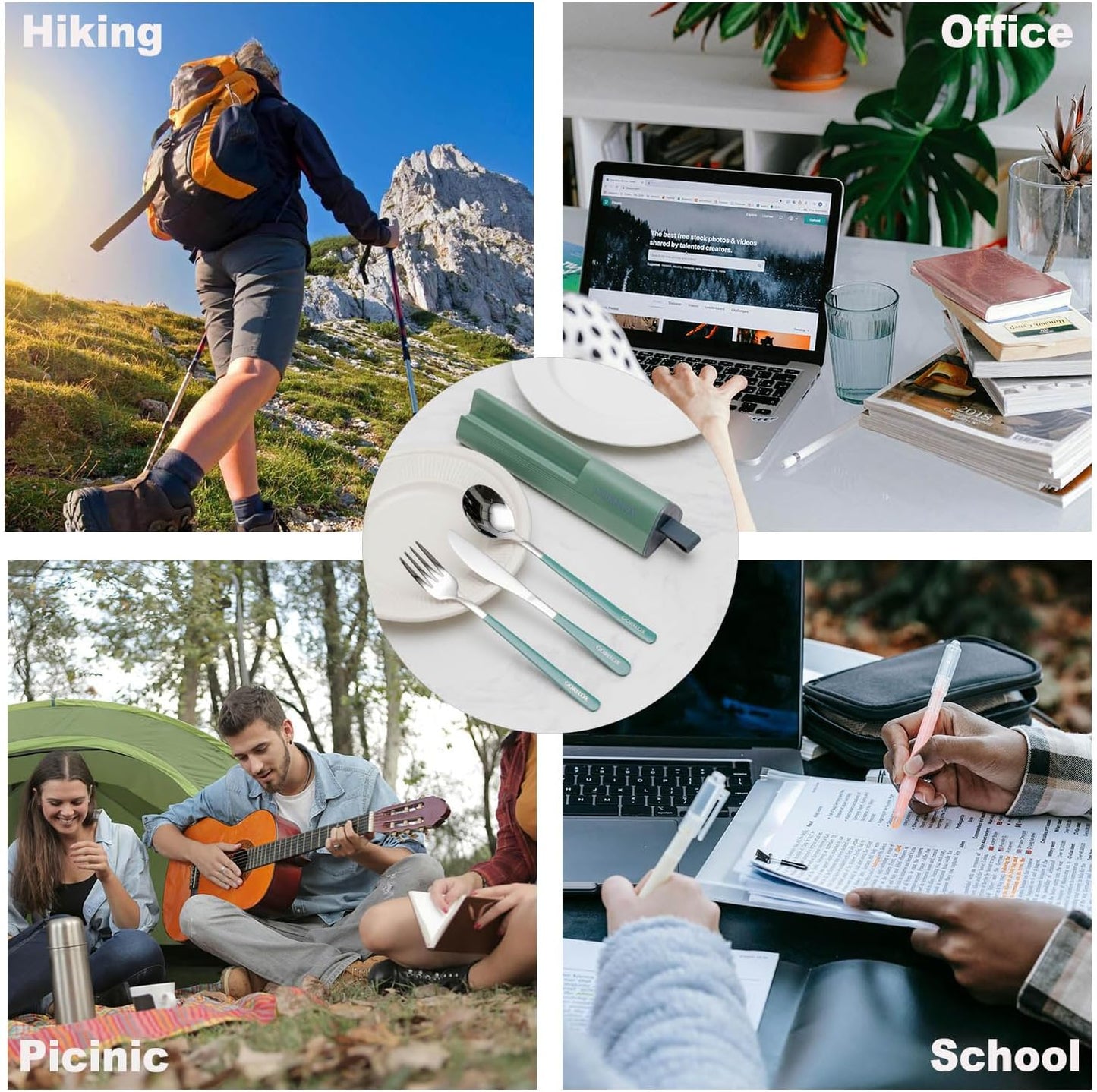 Travel Utensils Set, 4pcs Stainless Steel Reusable Cutlery, Portable Silverware Lunch Box for Camping and Office, Include Fork Spoon Knife with Case